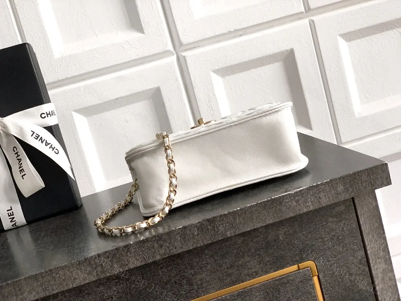 View 7 of Pearl-Chain Quilted Mini Bag - White Leather, Gold Accent, Crossbody Compact