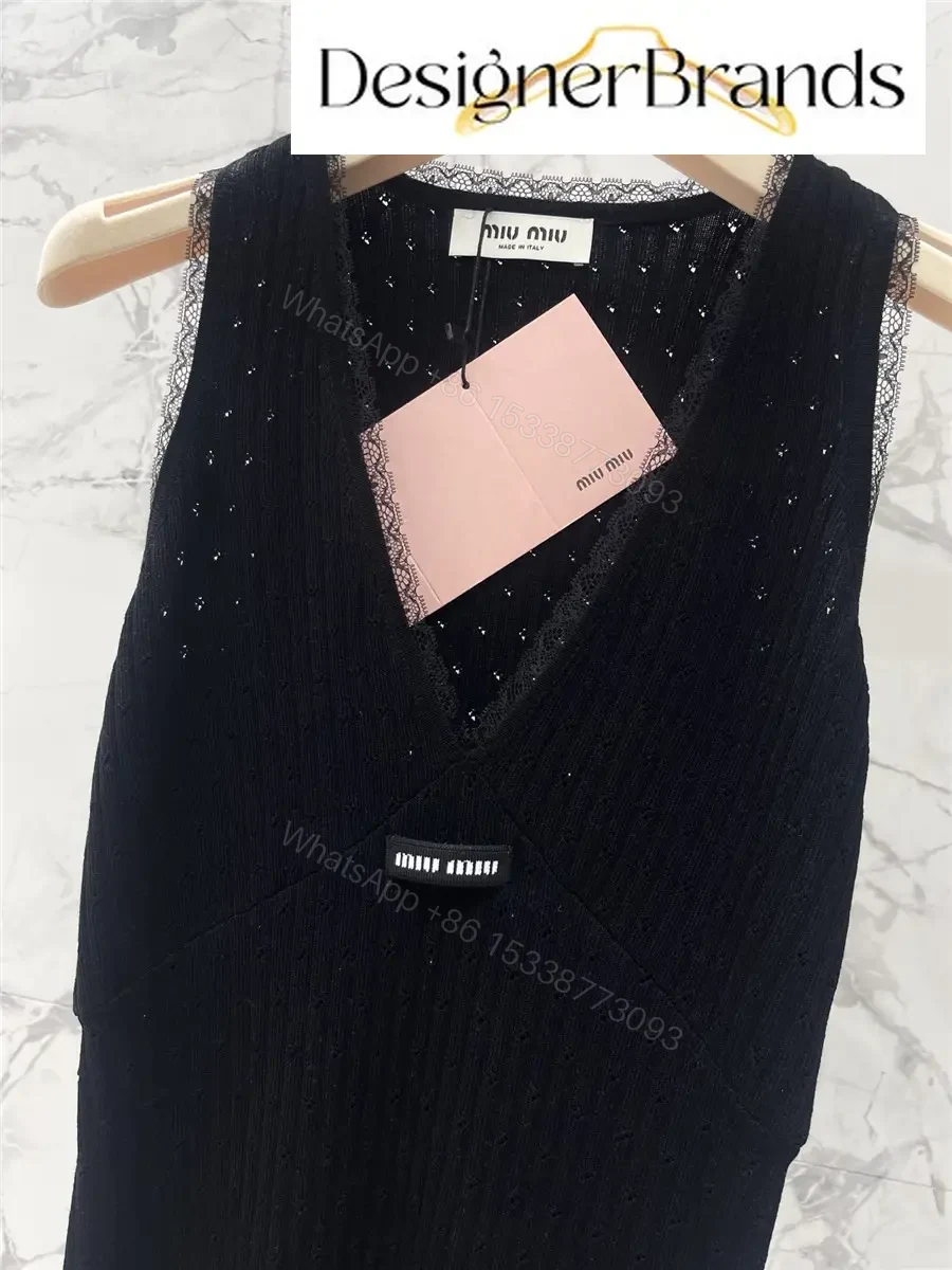 View 3 of Miu Miu Black Knitted Mini Dress with Lace Trim