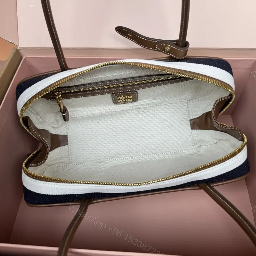 View 9 of 高仿miumiu*Beau系列5BB173牛皮帆布手提包藍白色免檢版