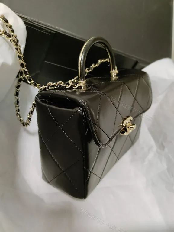 View 8 of Chic Quilted Black Leather Handbag, Gold Chain, Compact