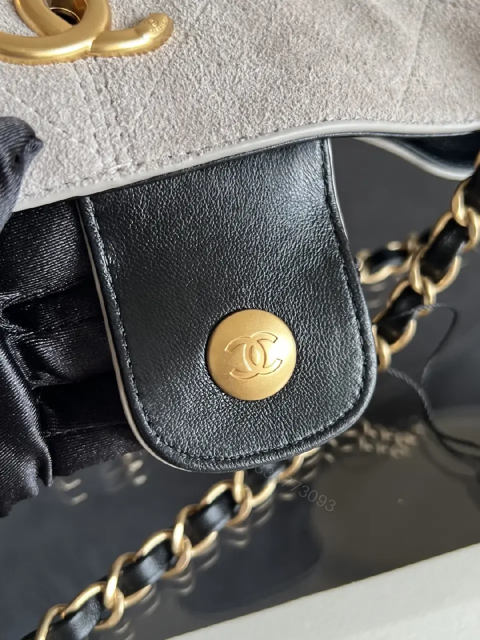 View 5 of Taupe-Black Two-Tone Quilted Tote with Gold Hardware