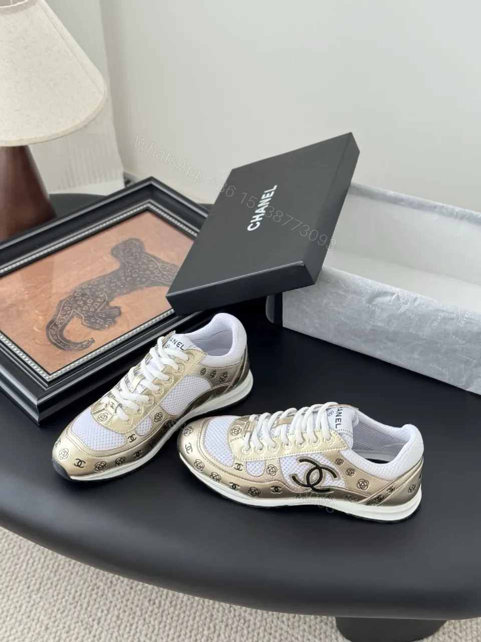 View 6 of Gold-Tone Leather Sneakers: Luxe Comfort, Designer-Inspired Style