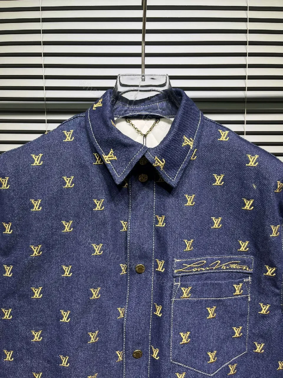 View 6 of Denim-Accent Zip-Front Jacket with Monogram Motif, Modern Texture