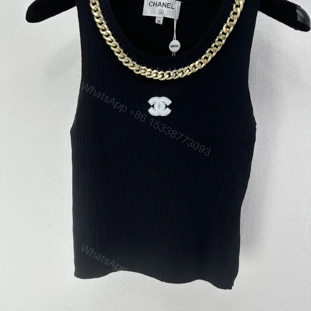 View 5 of Black Knit Tank with Gold Chain - Luxe Statement Top