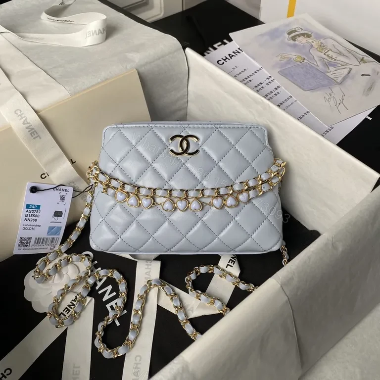 Soft Denim-Blue Chanel-Style Quilt Mini Bag with Gold Chain — view 1