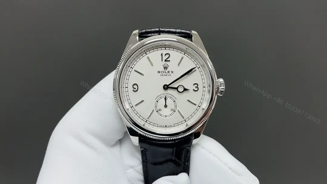 Premium Rolex 1908 White Gold replica 39MM White Dial Black Leather Strap Edition RLX-1908-WHITE-GOLD-39MM-WHITE-DIAL-BLACK — view 1