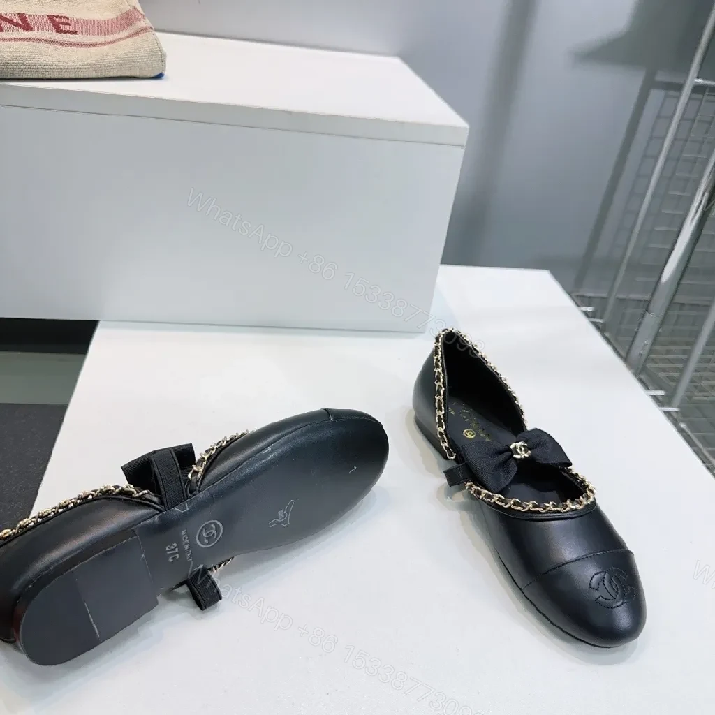 View 3 of Chic Leather Ballet Flats with Chain Trim and Bow