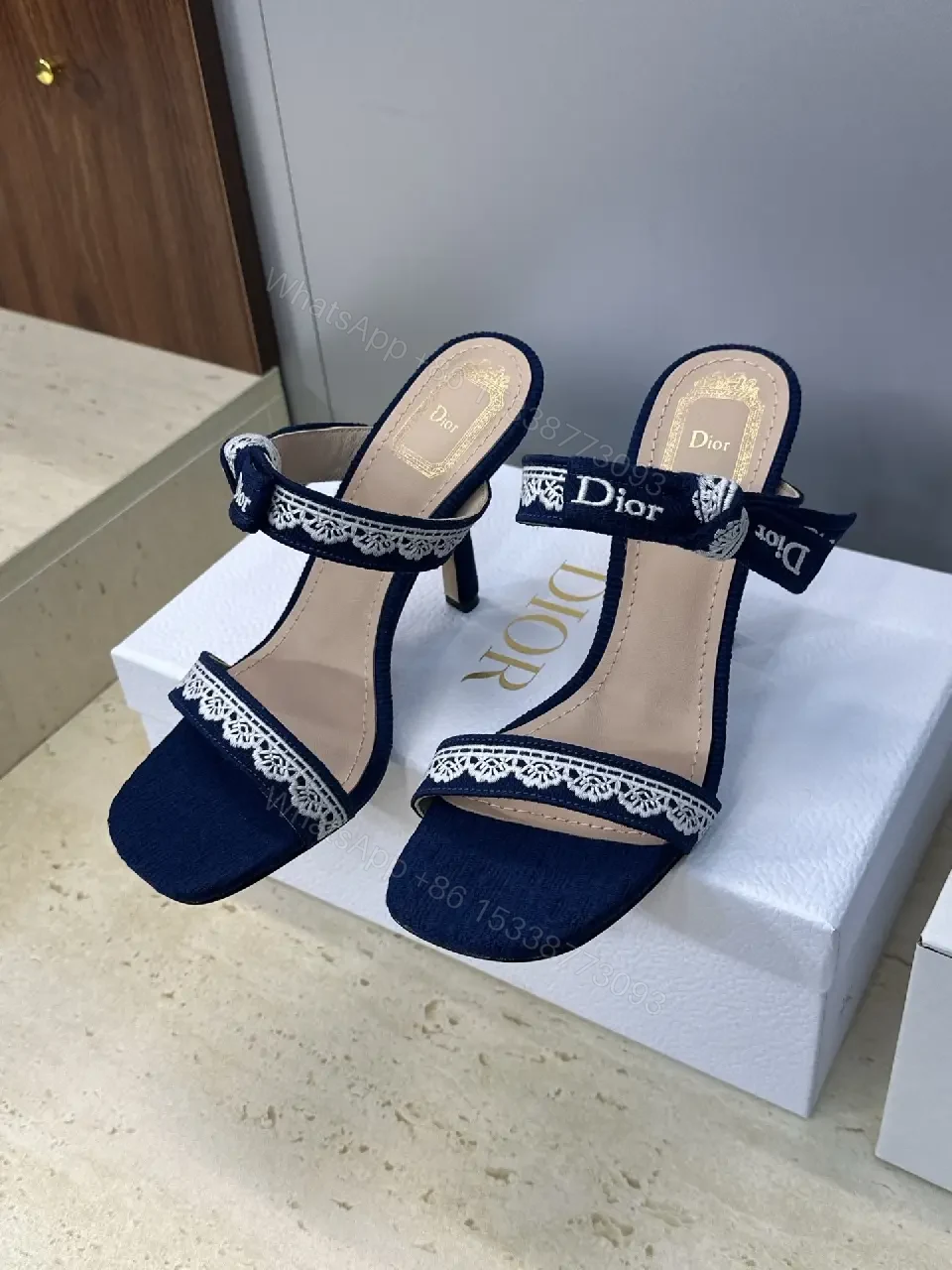 View 8 of Navy Satin Lace-Trim Heeled Sandals - Open-Toe Stiletto