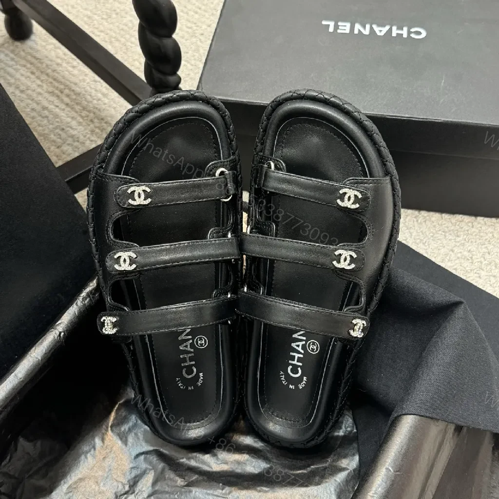 View 8 of Minimalist Black Leather Sandals with Subtle Logo Hardware