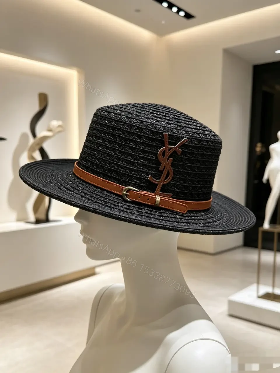 View 2 of Natural Straw Fedora Hat Leather Strap YSL Emblem