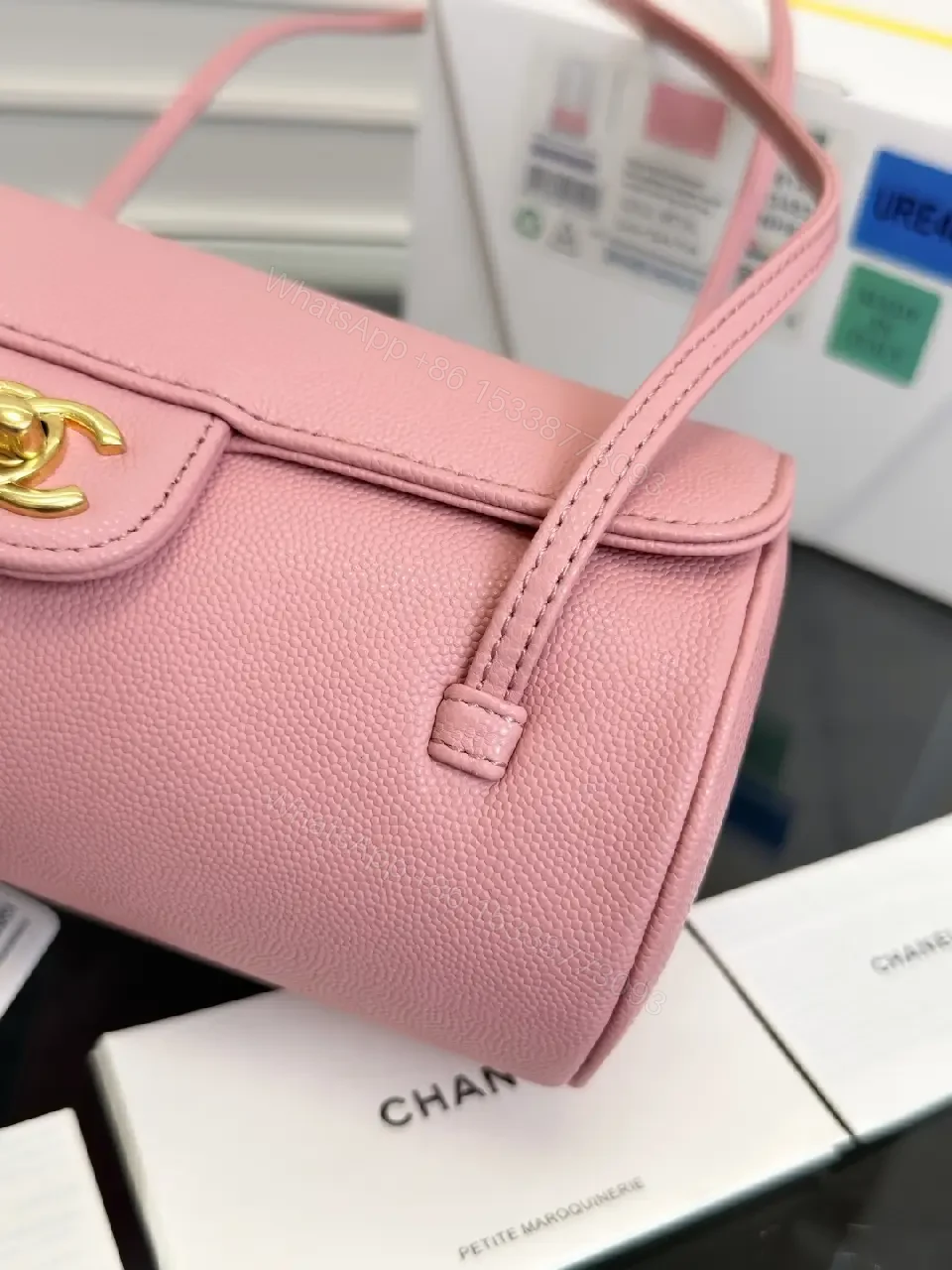View 4 of Pink Textured Leather Shoulder Bag with Gold Logo Closure (Compact)