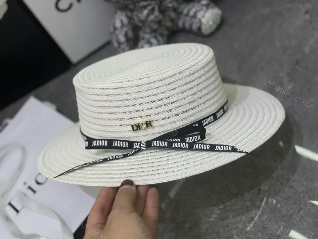 View 3 of Beige/Black Wide-Brim Straw Hat with L’ADIOR Ribbon, DIOR Emblem