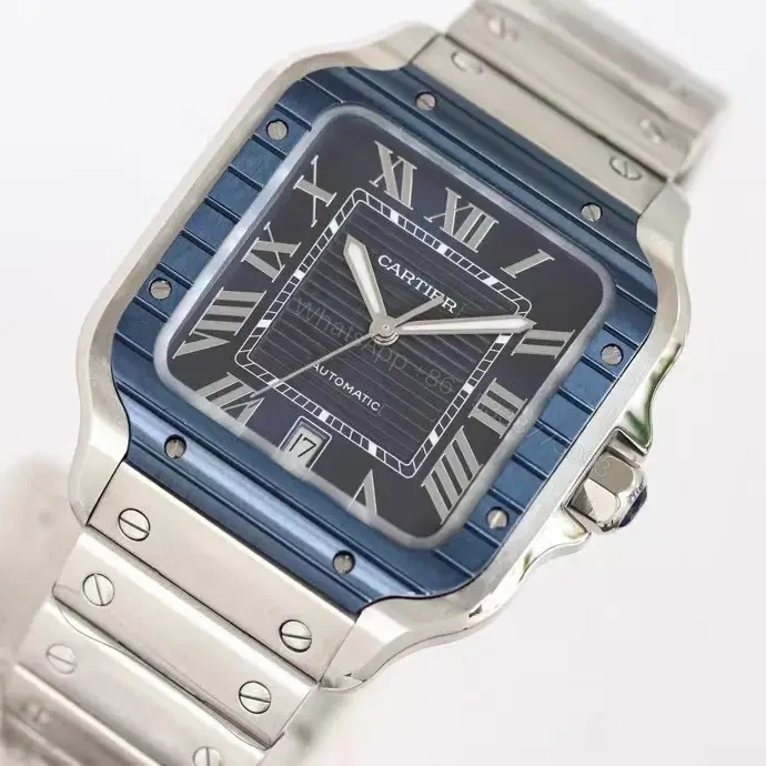 View 3 of Cartier super clone Santos Blue Dial Blue Bezel Steel Bracelet 40MM Ultimate RG-CARTIER-SANTOS-BLU-BEZ-STL-40
