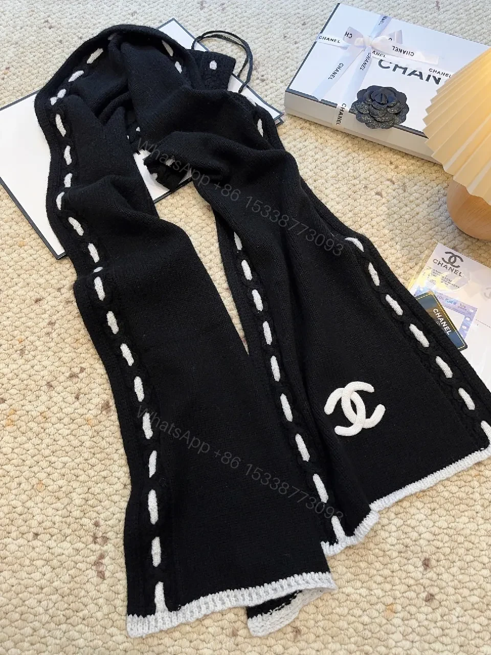View 4 of Black Knit Scarf with White Stitching — Luxury Cozy Accessory