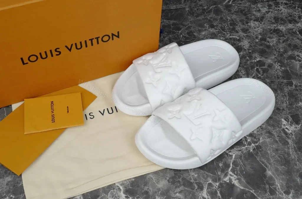 View 7 of Minimalist White Slides with LV Embellishment â€“ Luxe Comfort Slide
