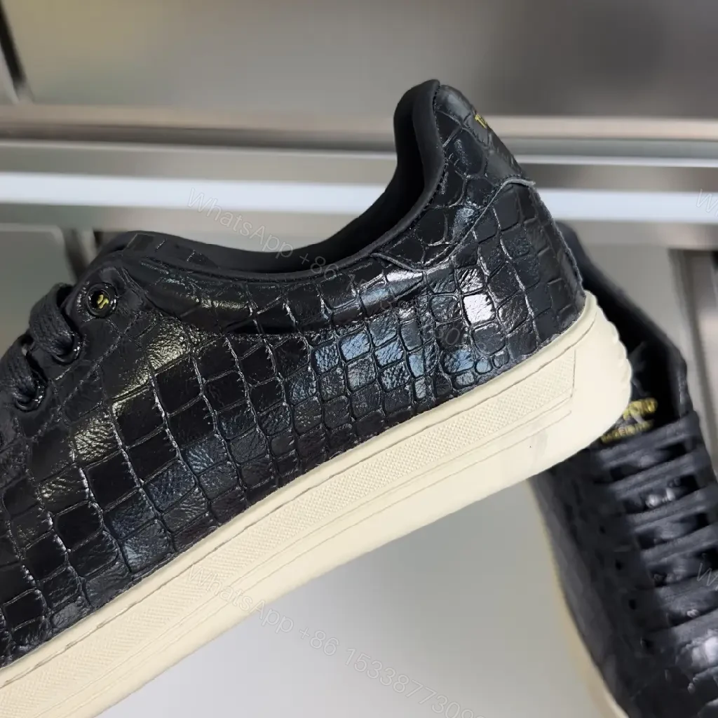 View 2 of Croc-Textured Leather Sneakers – Black & Cream, Luxury Casual