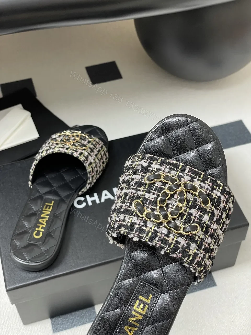 View 6 of Tweed Slide Sandals with Gold Chain Detail, Lux Comfort
