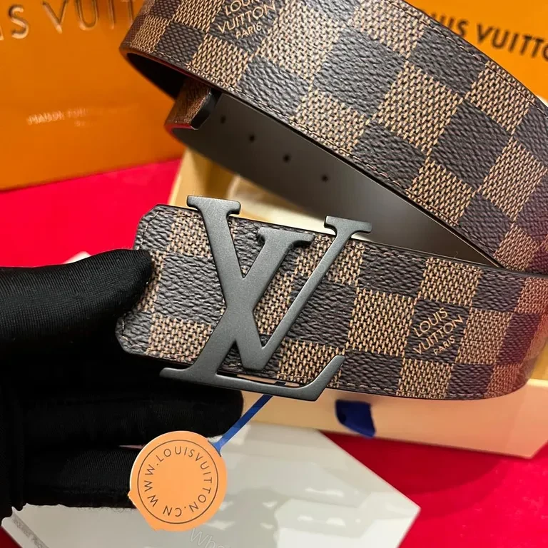 View 2 of Leather-Luxe LV Belt: Damier Pattern, Logo Buckle, All-Day Comfort