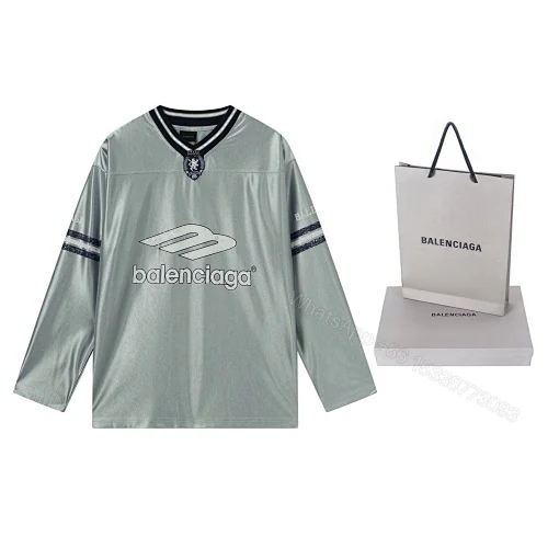 View 7 of Balenciaga Clothes 3B Silhouette Ribbed V-Neck Printed Long-Sleeve T-Shirt Black/Blue/Gray