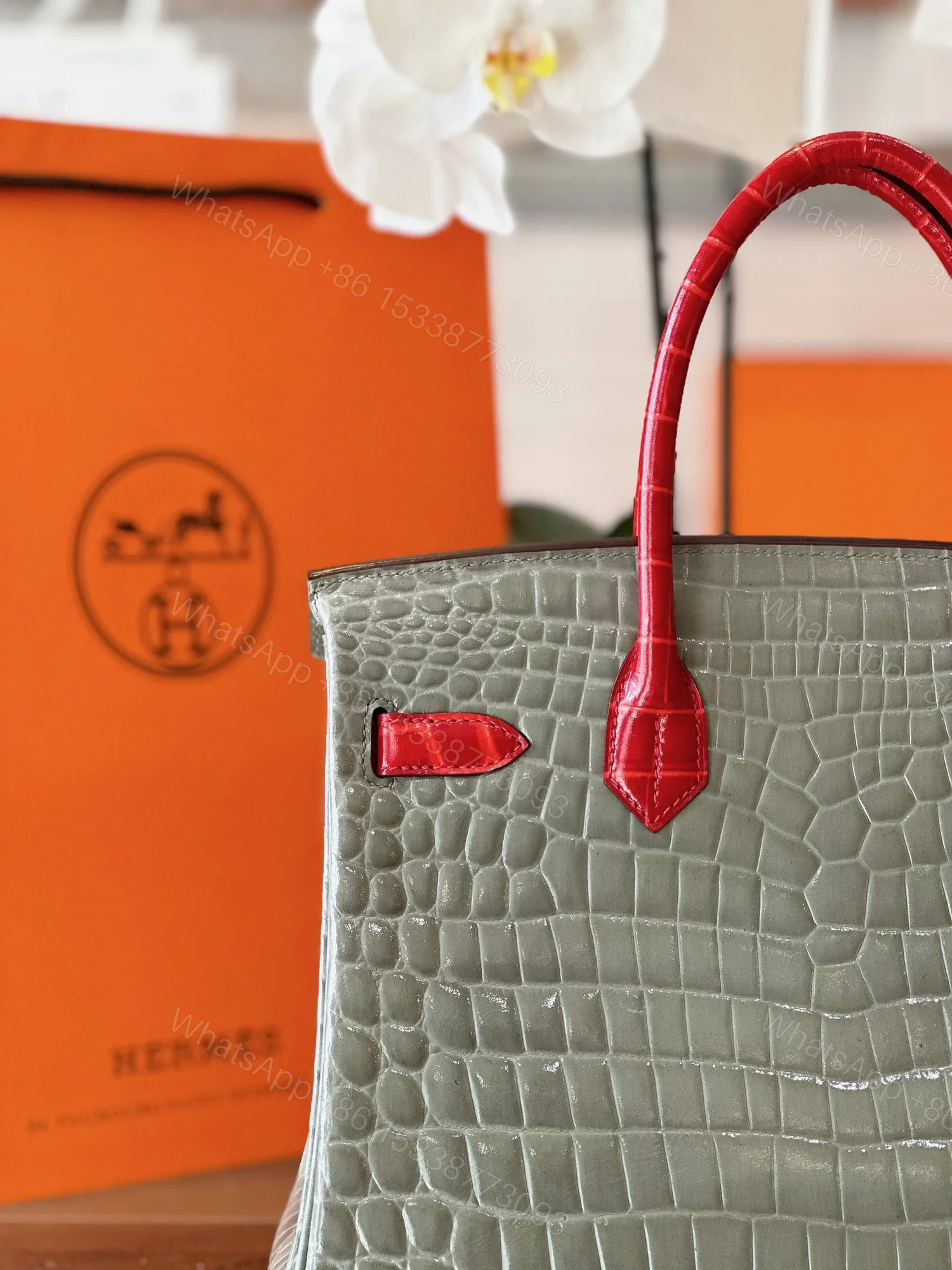View 2 of HN Genuine Crocodile Leather Gray and Red Custom Made