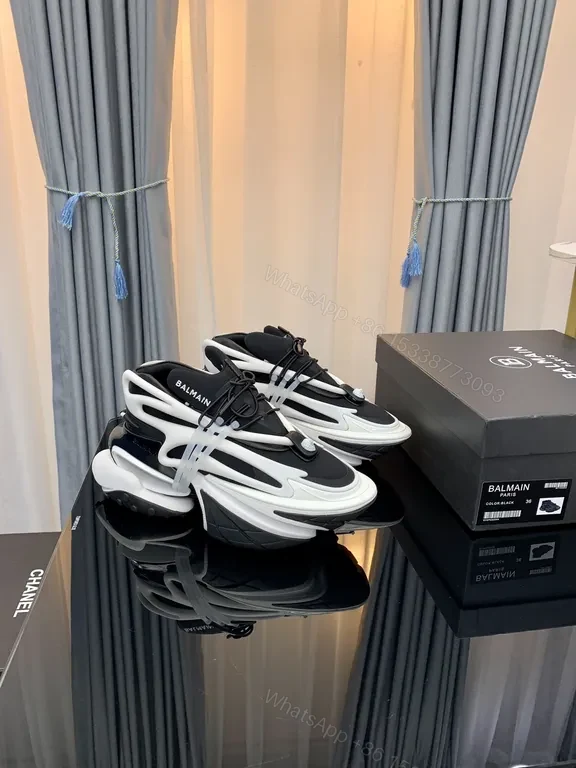 View 6 of Black Leather Knit Balmain-Style High-Top Sneakers with Plush Comfort