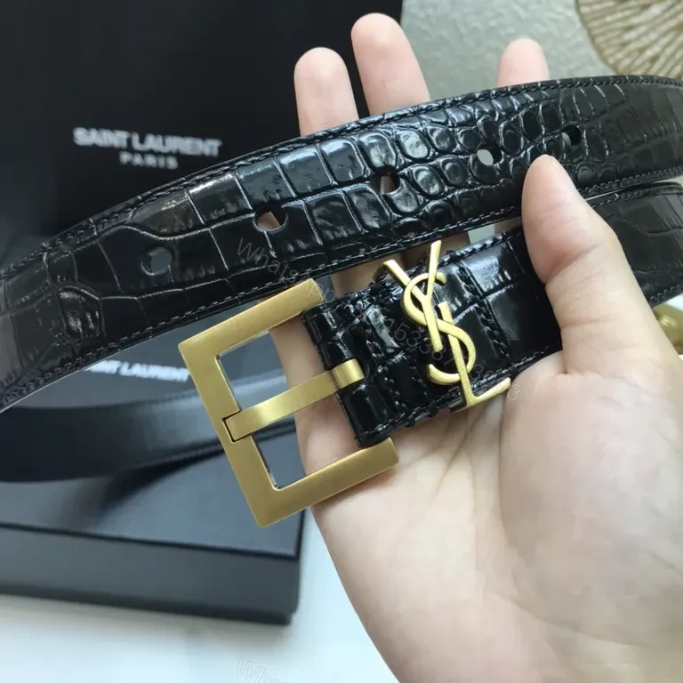 View 6 of Chic Crocodile-Textured Belt with YSL Buckle - Luxury Leather Belt