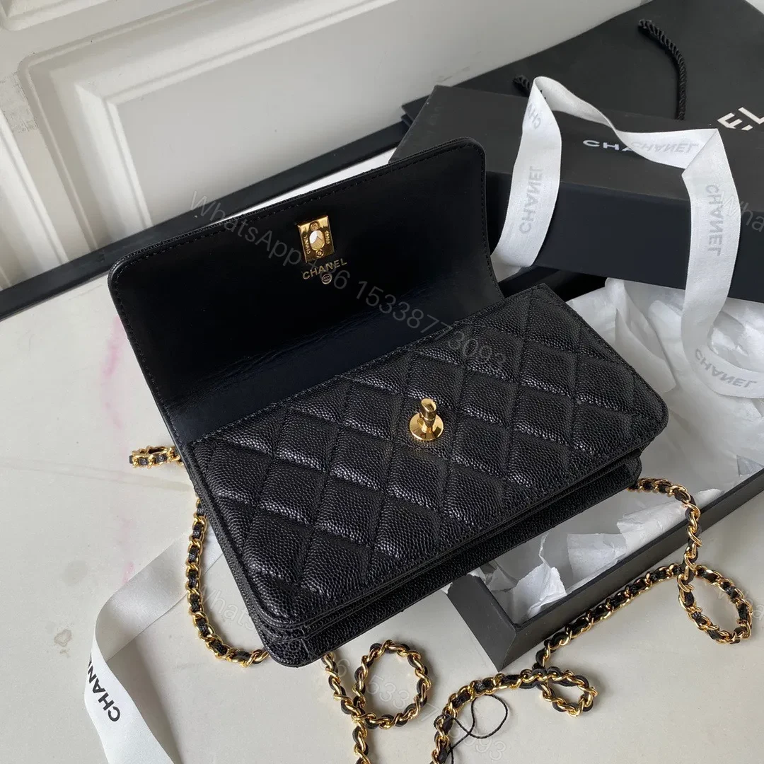 View 2 of Chanel Woc Charm Replica 11 Handbag Lizard Skin Black With Gold Lock 20cm