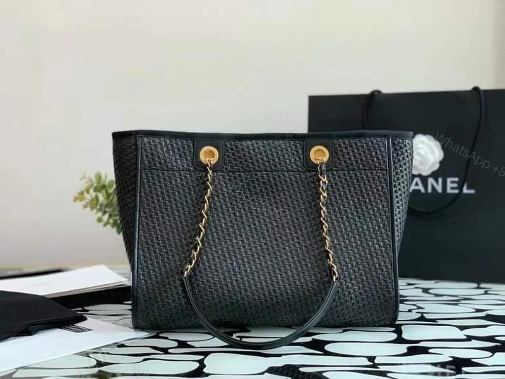 View 2 of Structured Black Caviar Tote: Chain-Accent, CHANEL-Inspired Luxury Tote