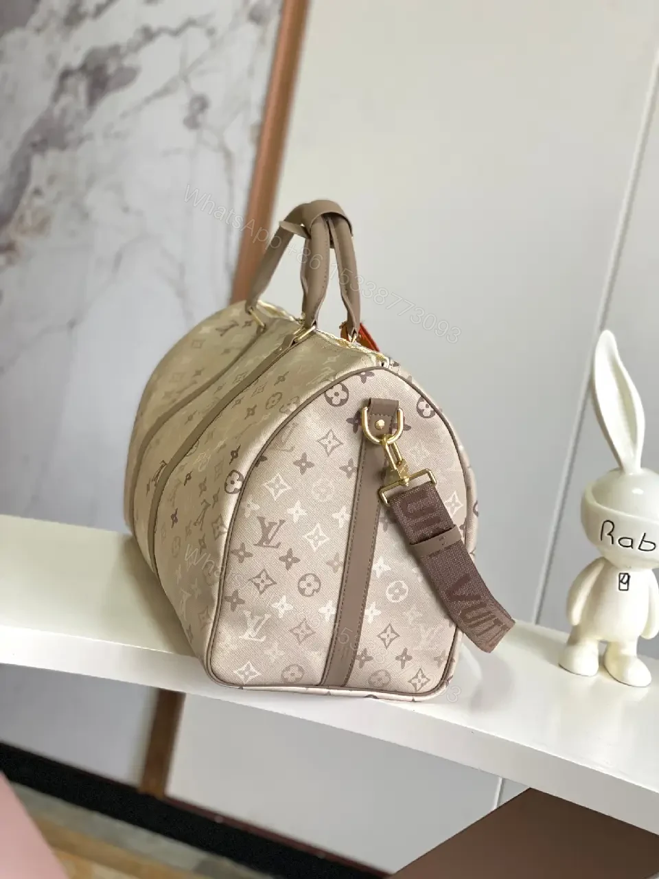 View 3 of Light Taupe LV Monogram Duffle — Canvas, Leather Trim, Top Zip, Recessed Gold Hardware