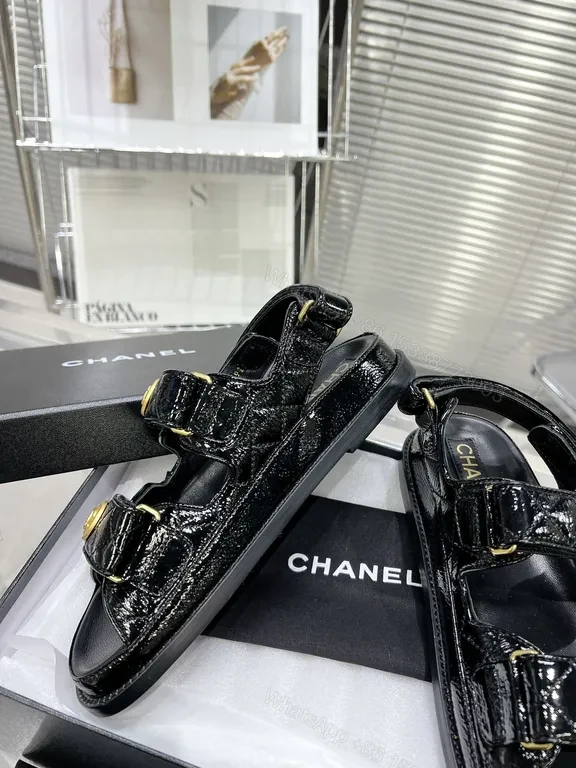 View 3 of Chanel-Inspired Black Patent Sandals with Gold Buttons