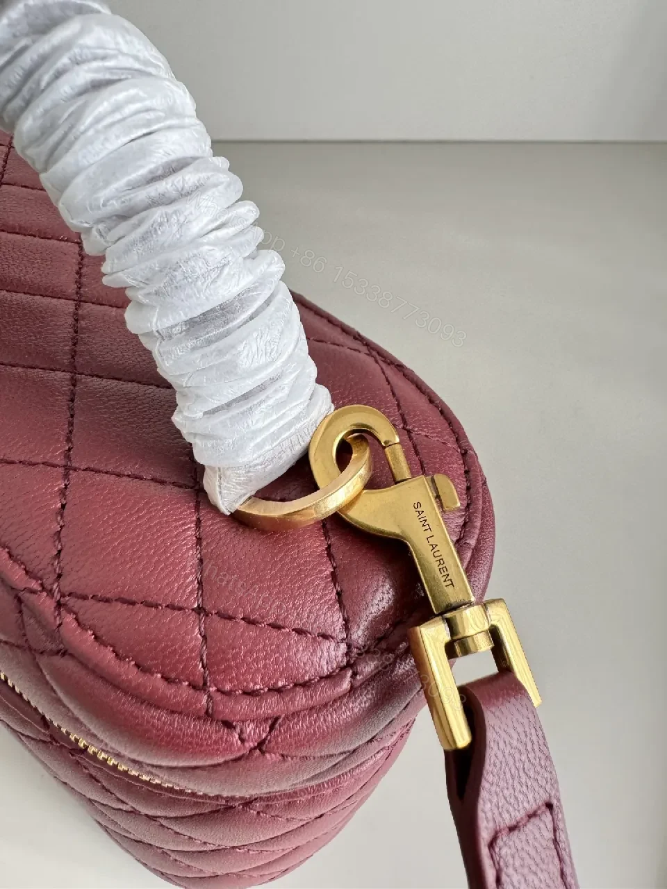 View 9 of Burgundy Quilted Leather Bag with Gold Hardware, Compact Style