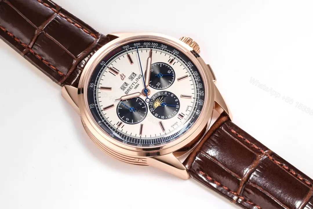 View 5 of ZF Factory Breitling Premier Series Rose Gold Blue and White Dial Brown Leather Strap Watch