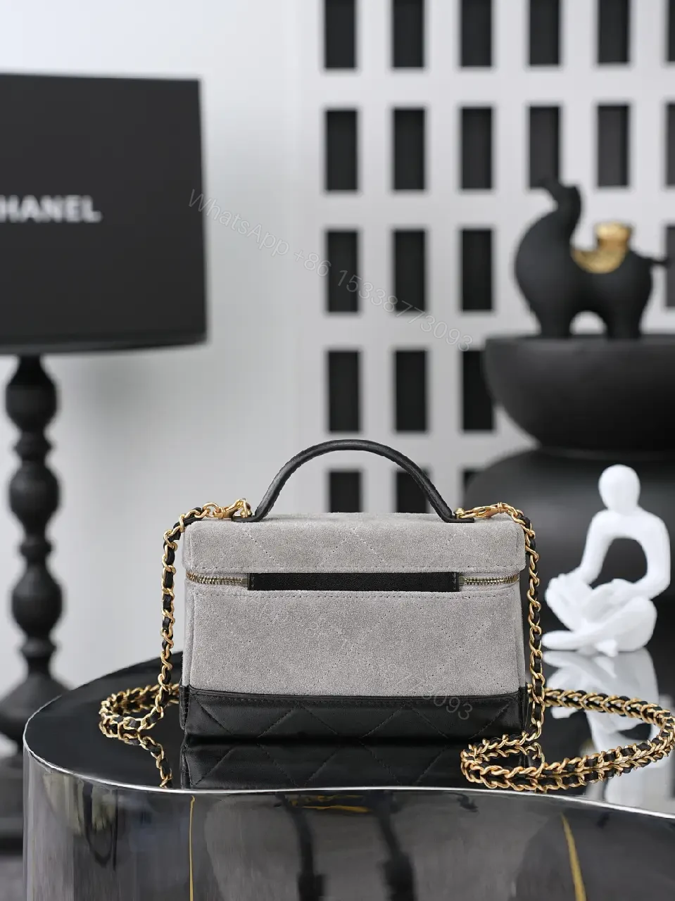 View 8 of Suede-like Gray Mini Handbag with Gold Accent