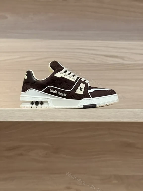View 5 of Brown Leather Low-Top Sneakers with LV Monogram, White Trim and Sole