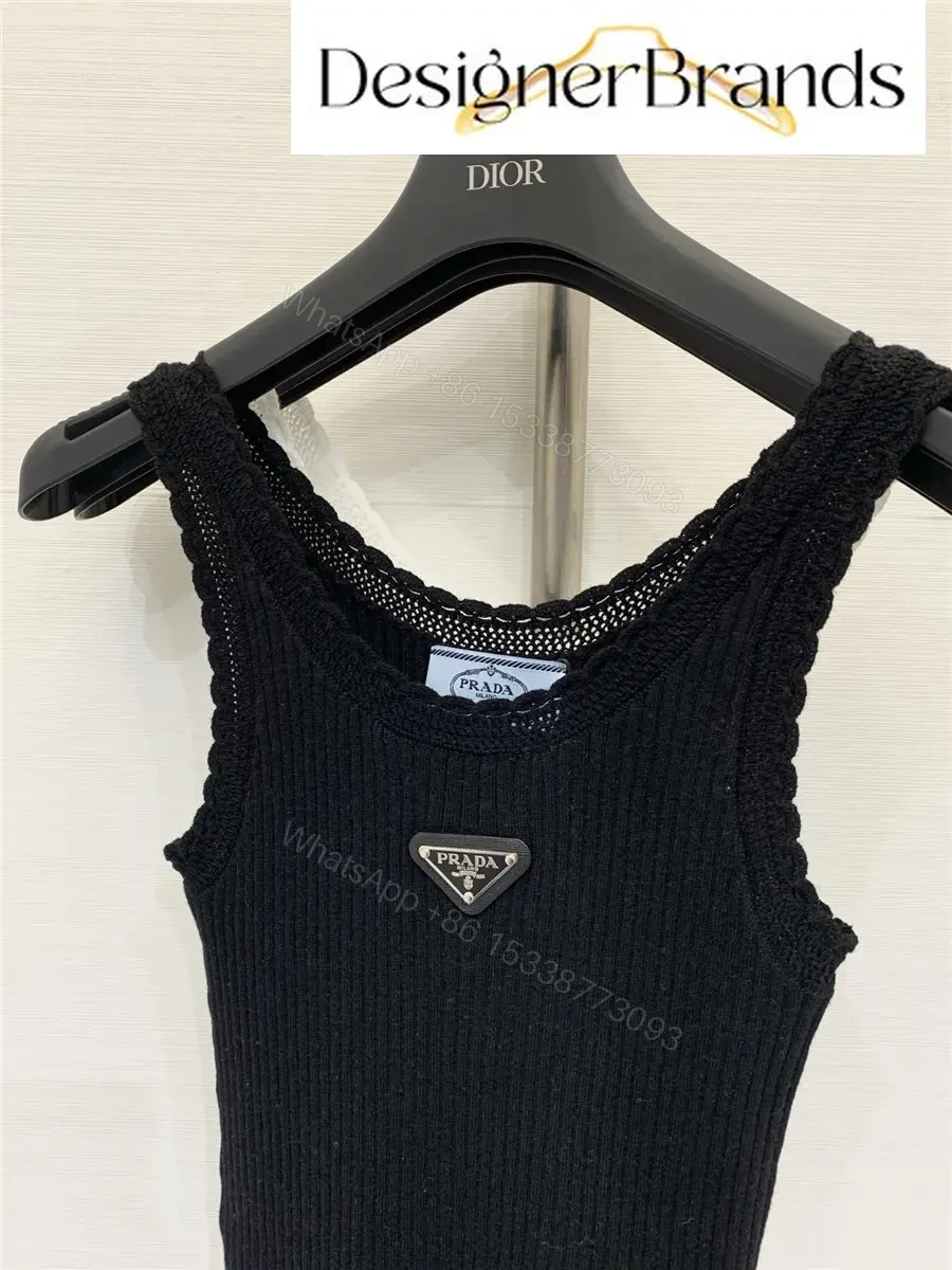 View 2 of Prada Black Ribbed Tank Top with Lace Trim