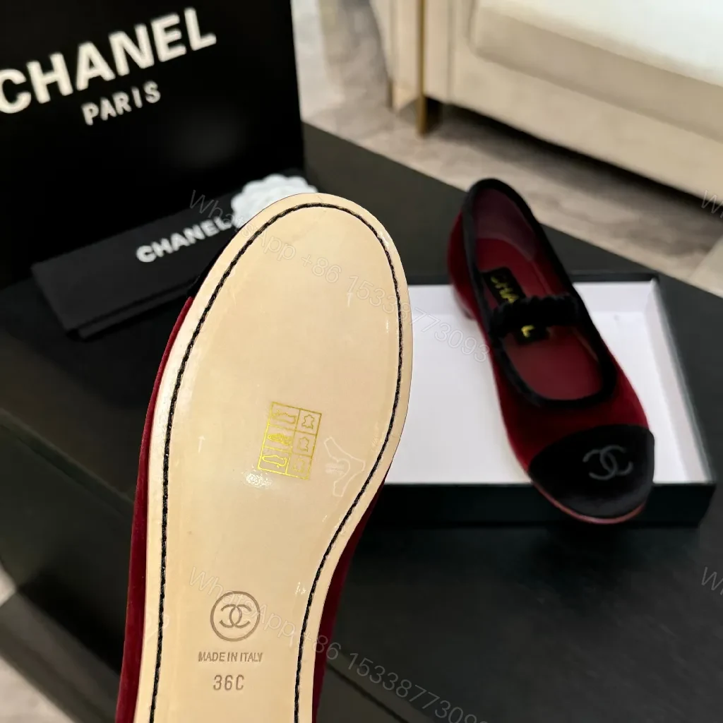 View 8 of Red Velvet Ballet Flats with Black Cap Toe, Velvet Detail, Signature Embellishment