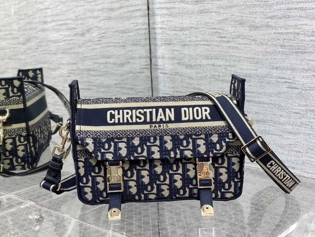View 4 of Navy-cream Jacquard Messenger Bag with Gold Hardware