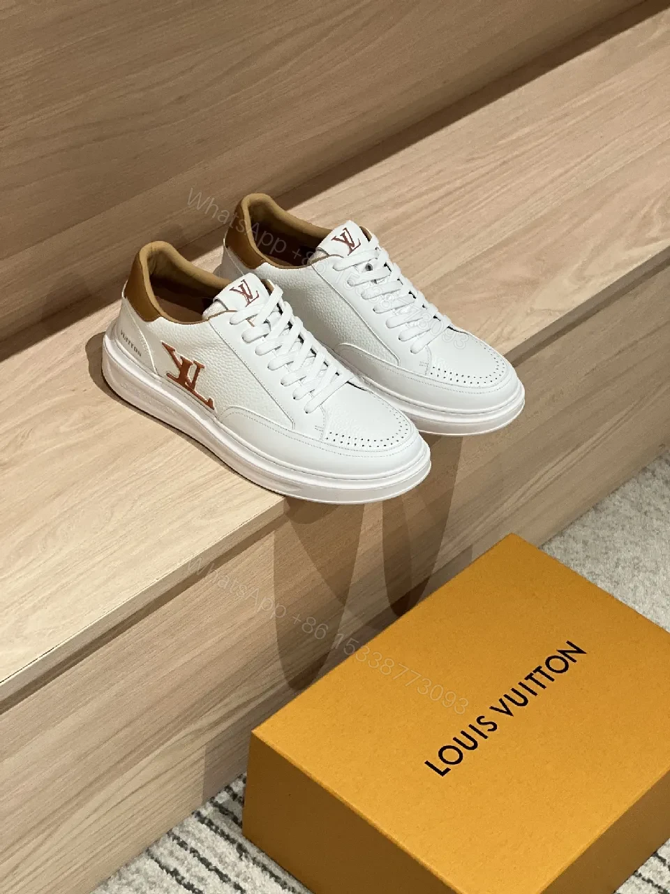 White Leather Low-Top Sneakers - Contrasting Tan Accents & LV-Inspired Details — view 1