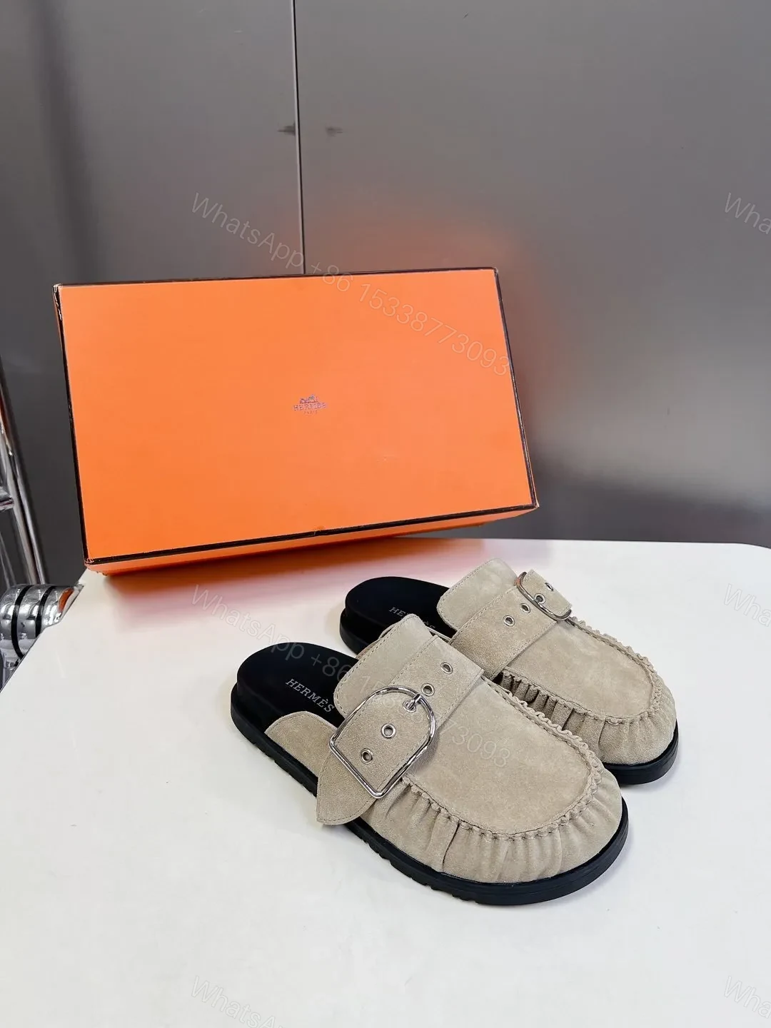View 5 of Hermes Women Beige Suede Buckle Mules