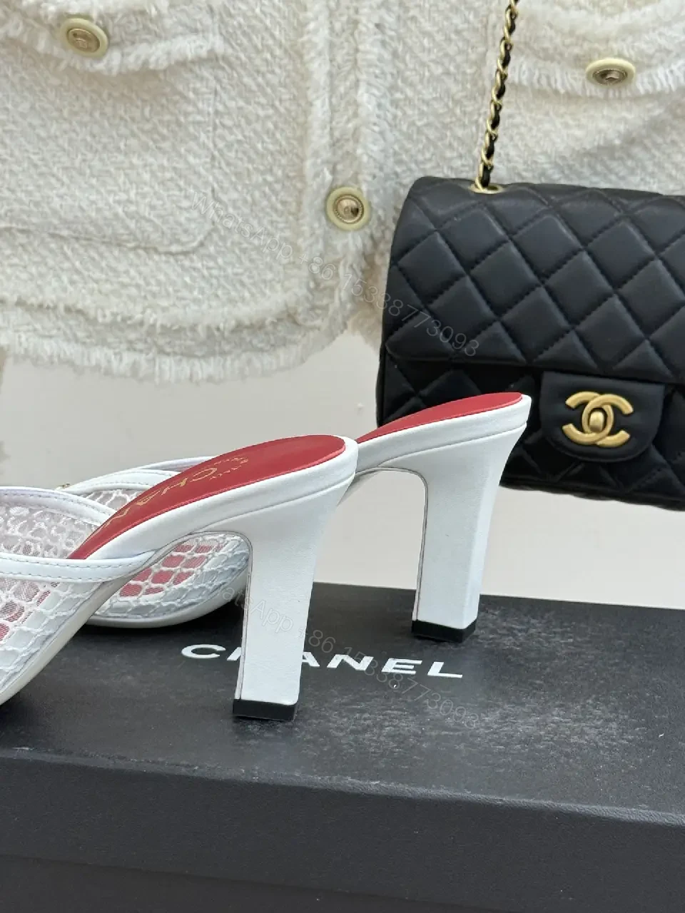 View 9 of White Mesh Leather Mule Heeled Slide Sandals