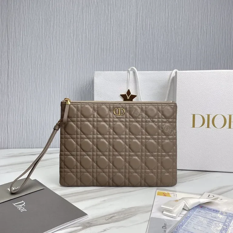 Taupe Quilted Wallet-On-Chain: Leather, Dior Gold Emblem, Versatile Luxury — view 1
