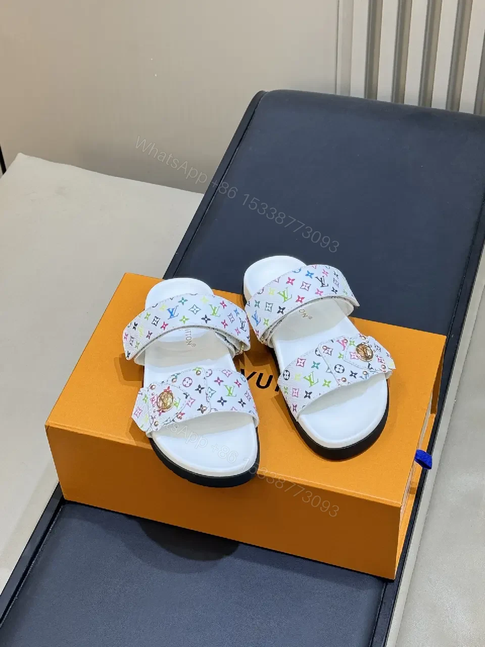 View 6 of White Multicolor LV Logo Sliders Comfort Footbed Sandals