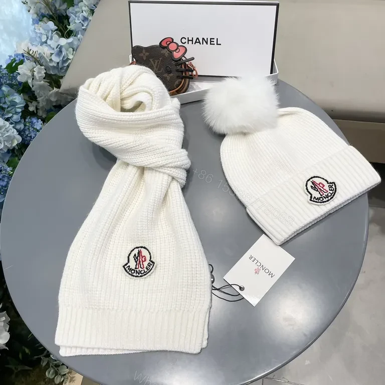 Cozy Luxe Knit Set: White Beanie & Scarf with Moncler Patch — view 1