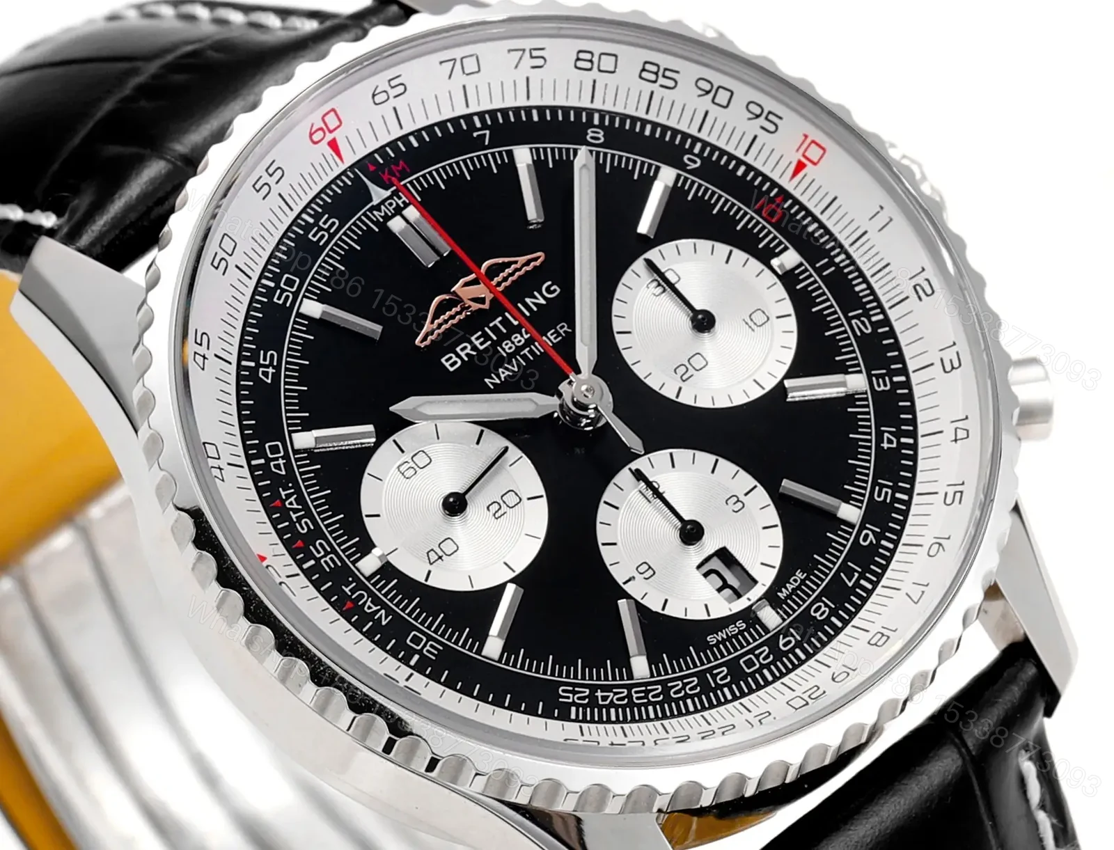 View 3 of Super Clone Breitling Navitimer B01 Reverse Panda Leather Strap 43MM Premium AB0121211B1P2