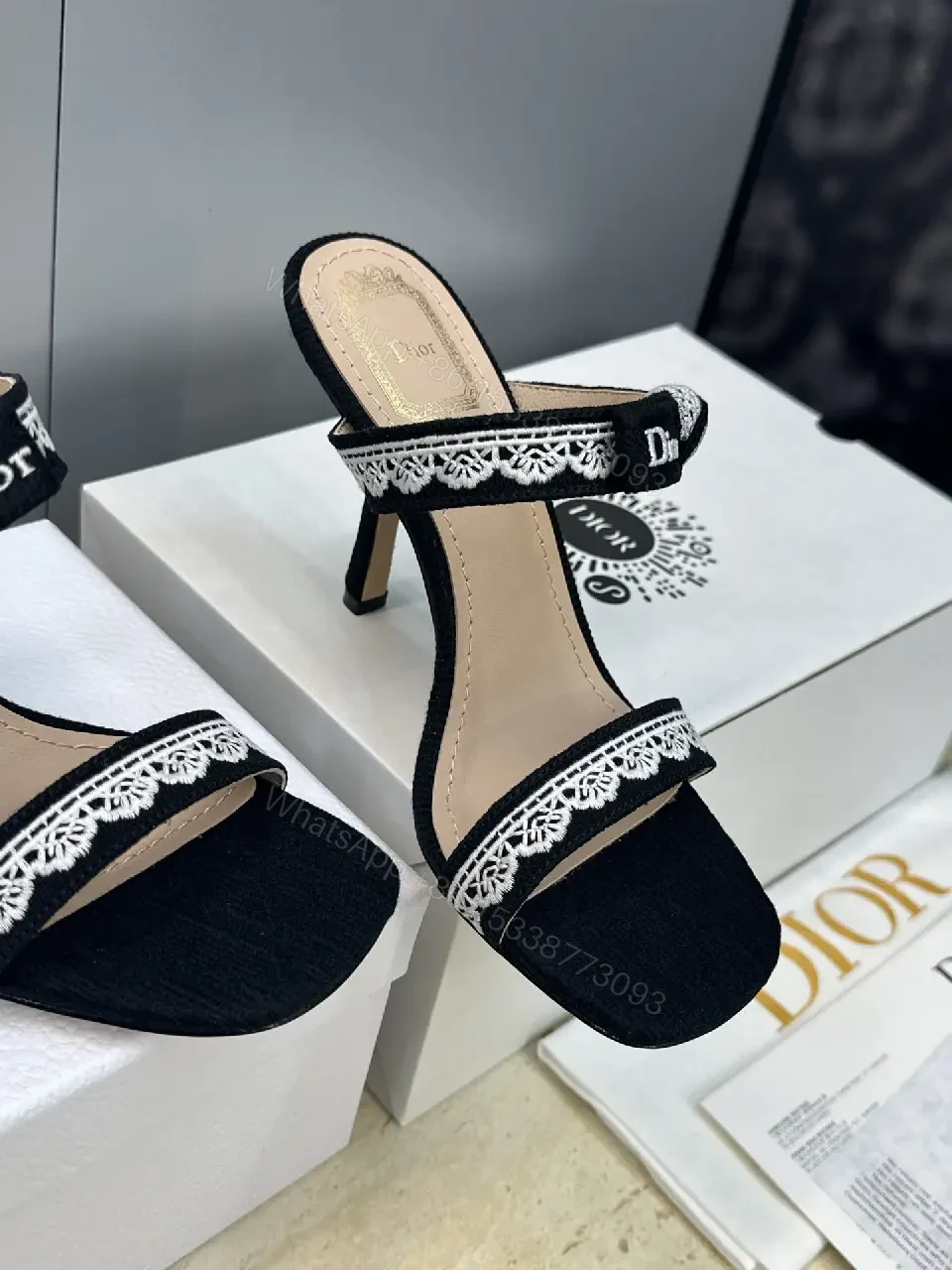 View 7 of Black Patent Lace-Trim Sandals with Dior Band, Open-Toe Heels
