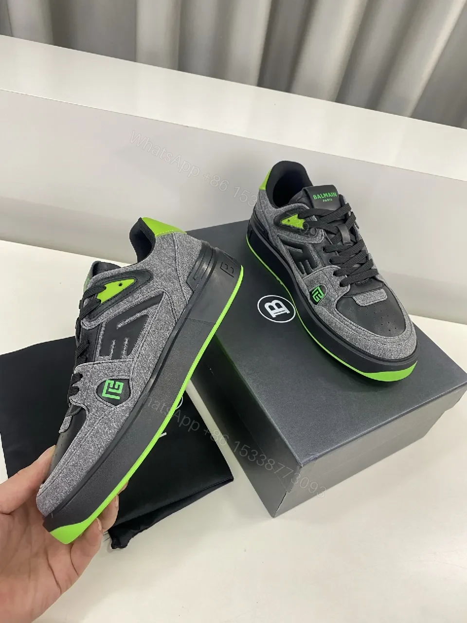View 7 of Dynamic Gray Knit-Top Sneakers with Neon Accent Details