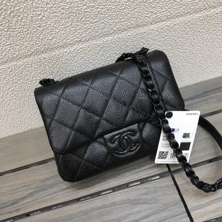 View 5 of Black Quilted Faux-Leather Chain-Shoulder Bag â€” Classic CC-Logo, Compact Elegance