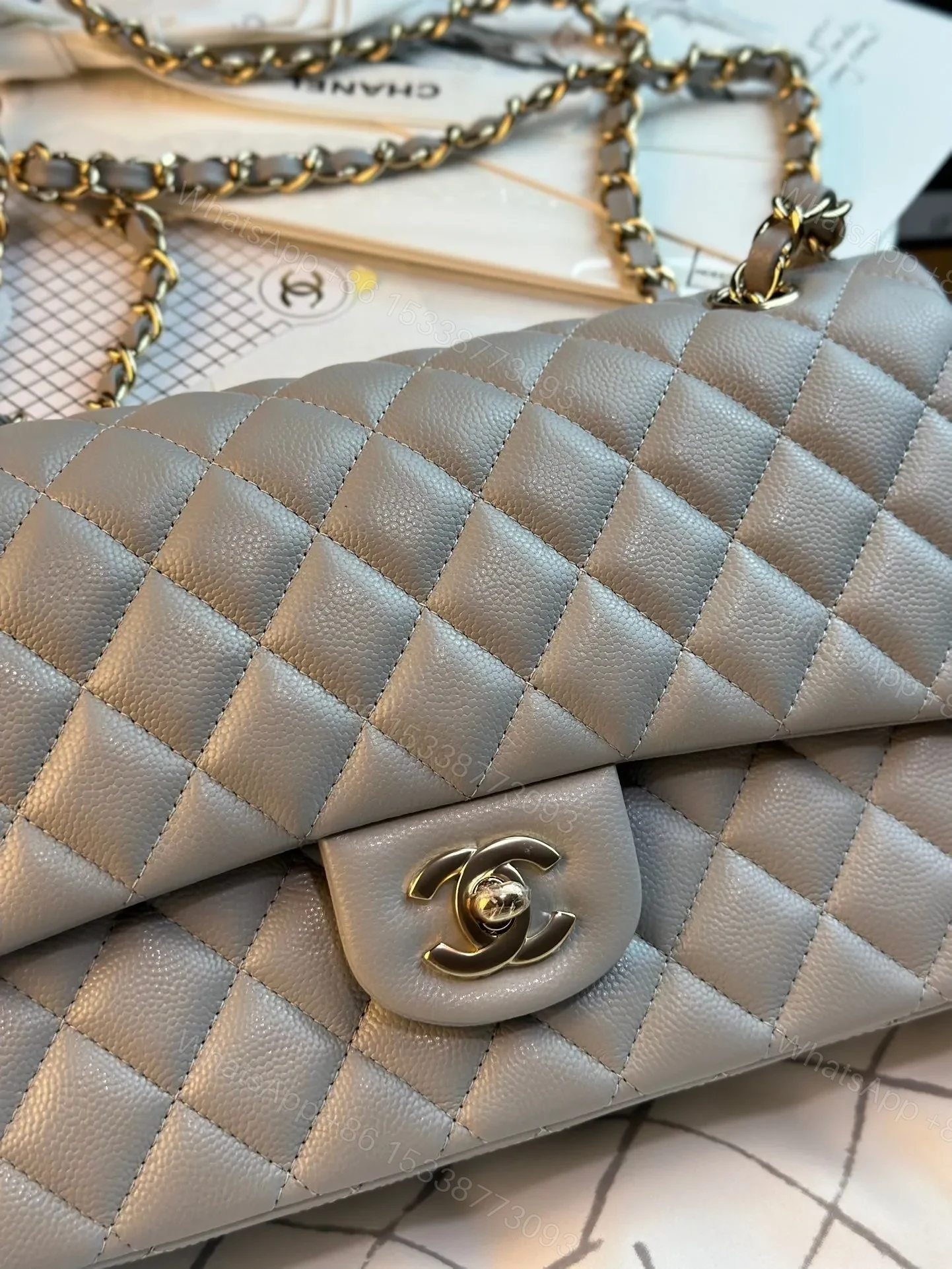 View 2 of CHANEL FLAP BAG 25CM GOLD HARDWARE GREY CAVIAR