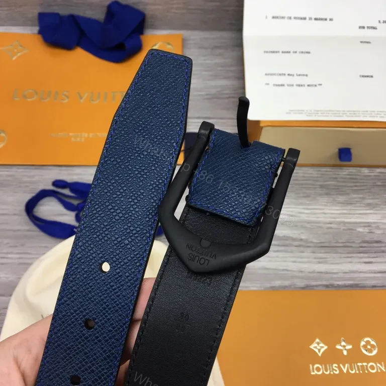 View 4 of Blue Textured Leather Belt â€“ Louis Vuitton Style, 40mm, Gold-Standard Quality