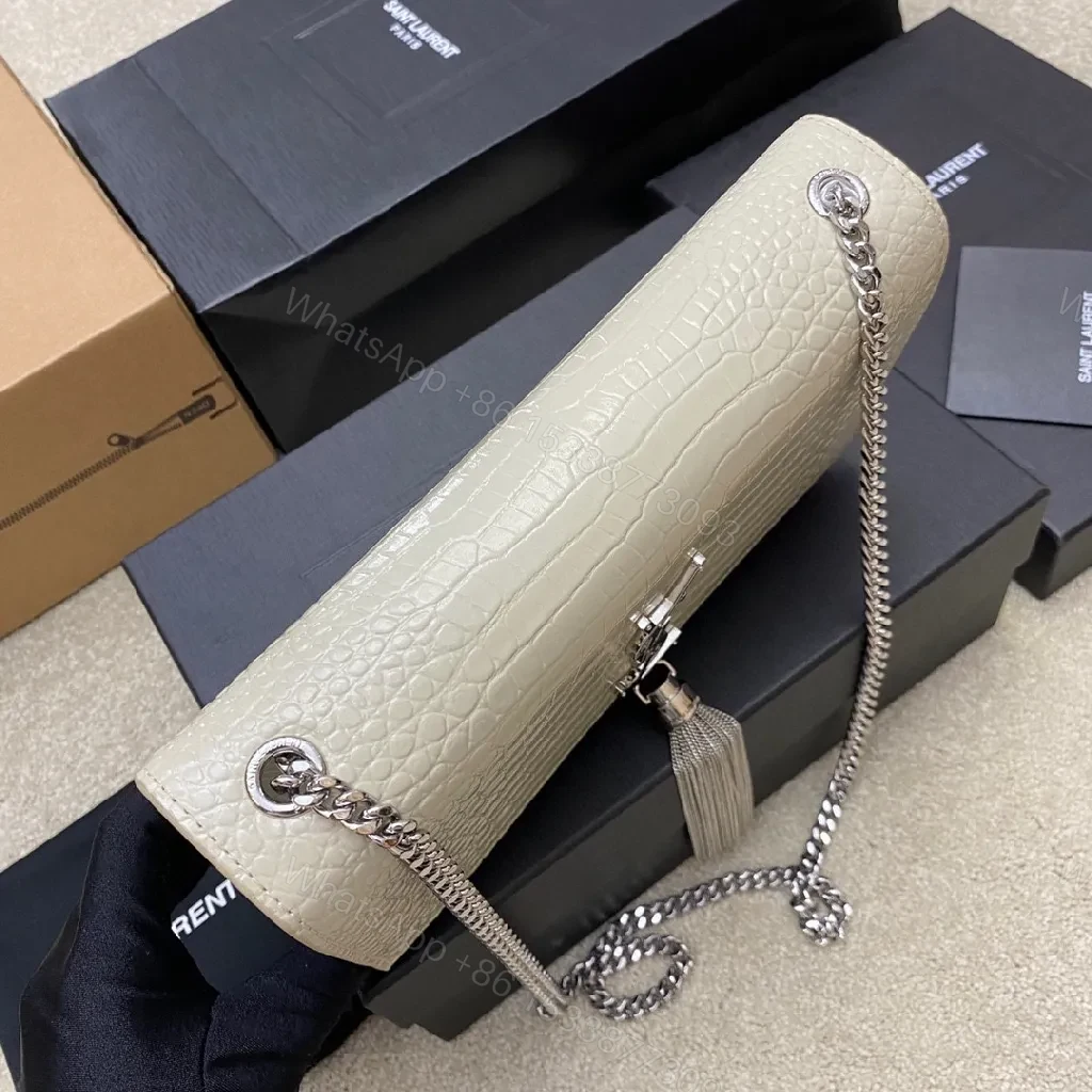 View 7 of Croc-Texture Clutch with Gunmetal Monogram Accent